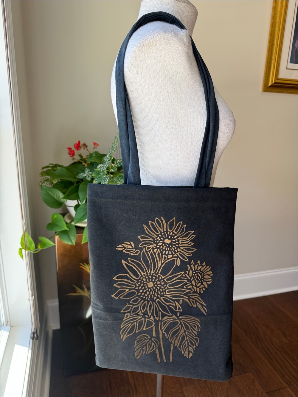 Hand Crafted Black Tote with Gold Sunflower Design